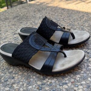 Avenue Black Woven Thong Wedge Sandals